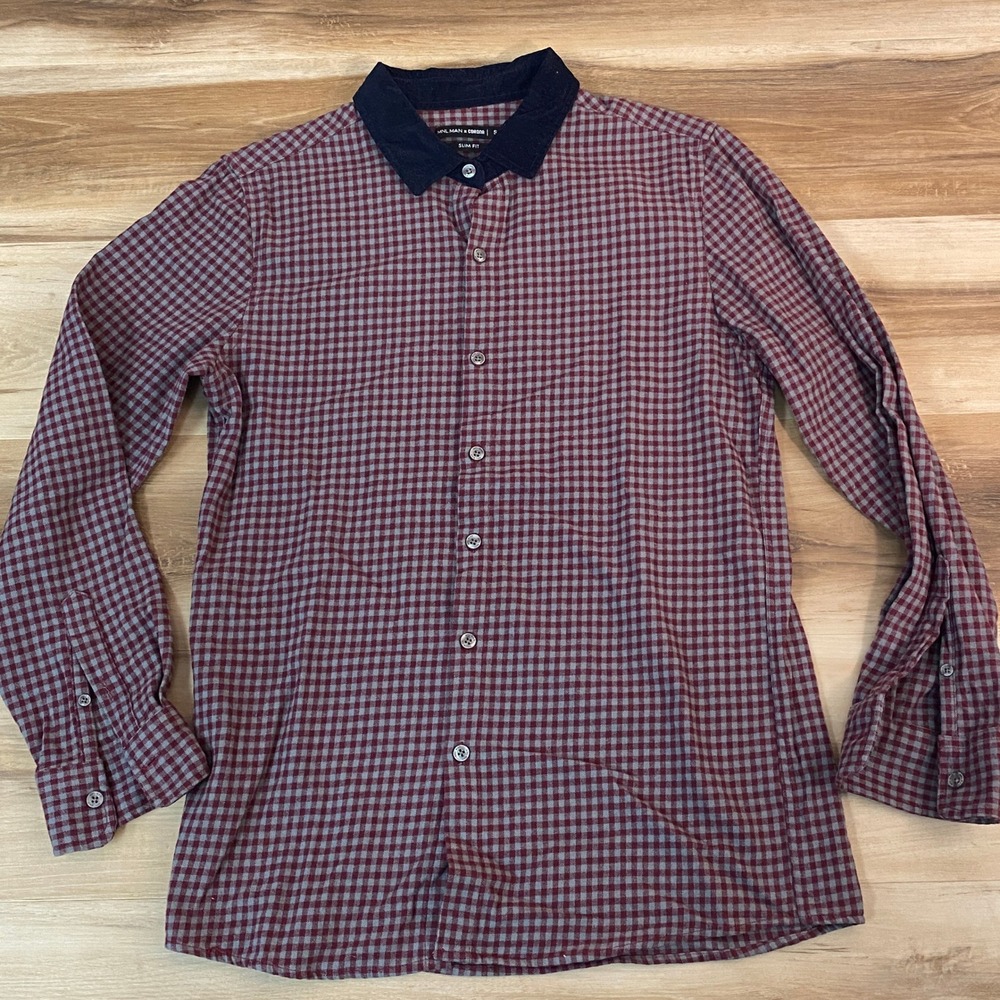MNL MAN x CORONA Shirt Mens Small Slim Fit Gingham Button Up Corduroy Collar